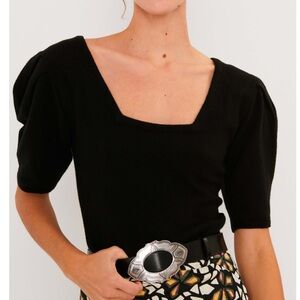 ba&sh Black Square Neck Fleur puff sleeve 3/4 sweater top